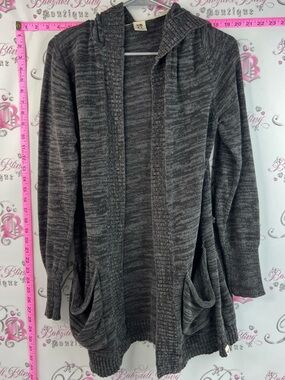 Roxy cardigan slouchy pockets knit Charcoal Gray Hooded Open Cardigan Sweater